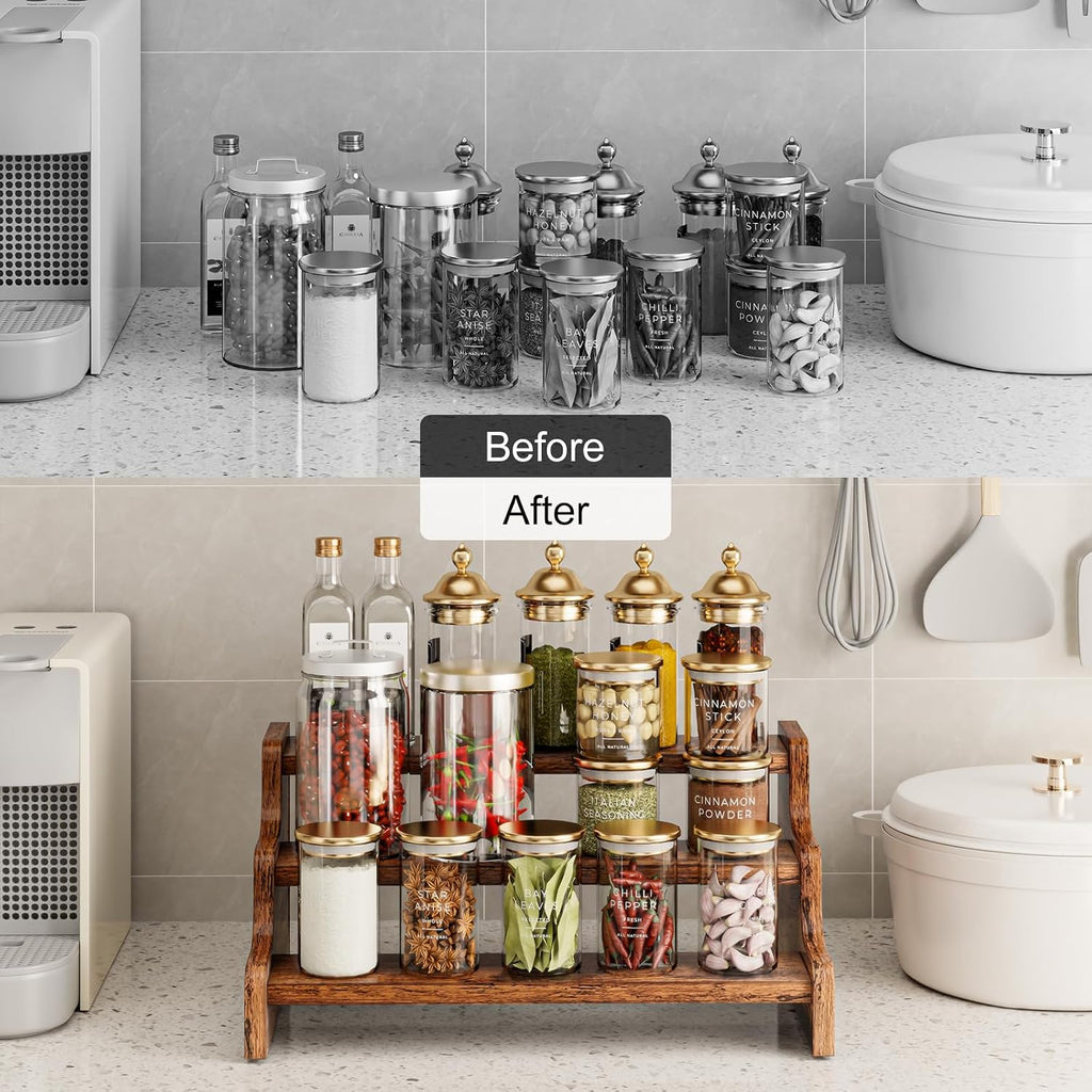 KLM 3-Tier Spice Rack, 13.8 Inch Wood Step Shelf Countertop Spice