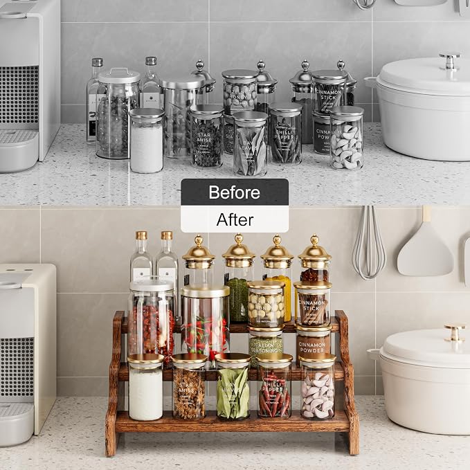 KLM 3-Tier Spice Rack, 13.8 Inch Wood Step Shelf Countertop Spice Storage Holder - Image 6