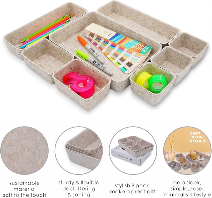 Welaxy Desk Drawer Organizer Tray, 8-Piece Beige Office Storage, Nordic - Image 6