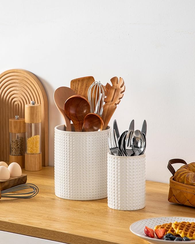 MALACASA LYDIA Ceramic Utensil Holders, 7.3"+5.5" Kitchen Utensil Crock Set - Image 7