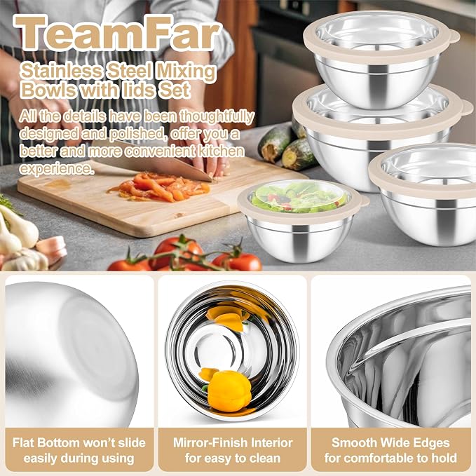 TeamFar Mixing Bowls, 4.5/3/1.5/1/0.7 QT Stainless Steel Nesting Salad Bowls - Image 5