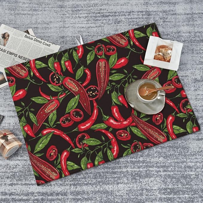 Red Chili Peppers Dish Drying Mat Vegetable Pepper Black Rustic Green Leaf - Image 7