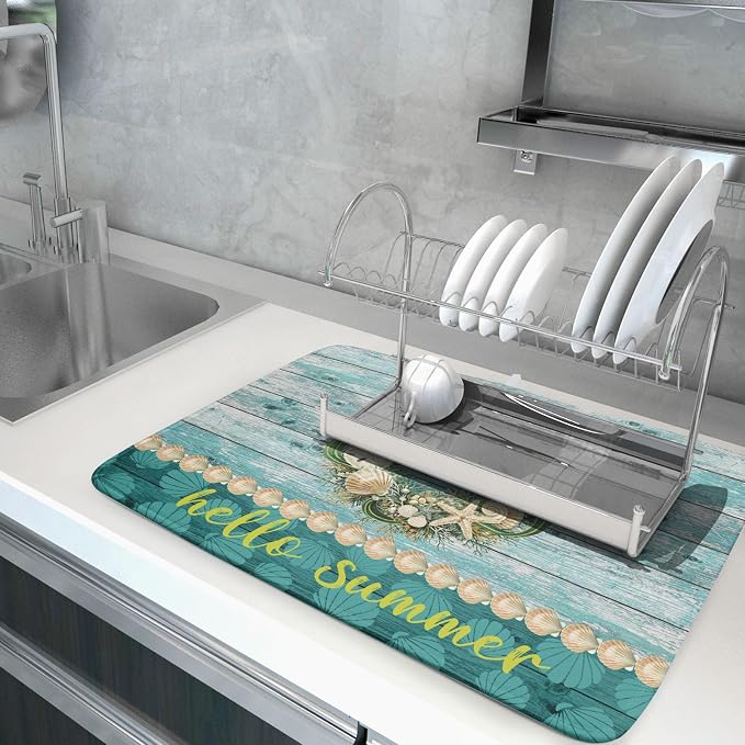 Hello Summer Dish Drying Mat for Kitchen Counter, Sea Shell Starfish Coastal - Image 5