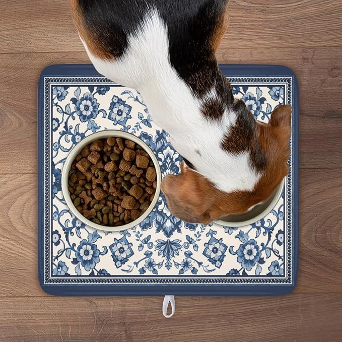 Blue Floral Dish Drying Mat for Kitchen Counter Vintage Flower Pattern - Image 9