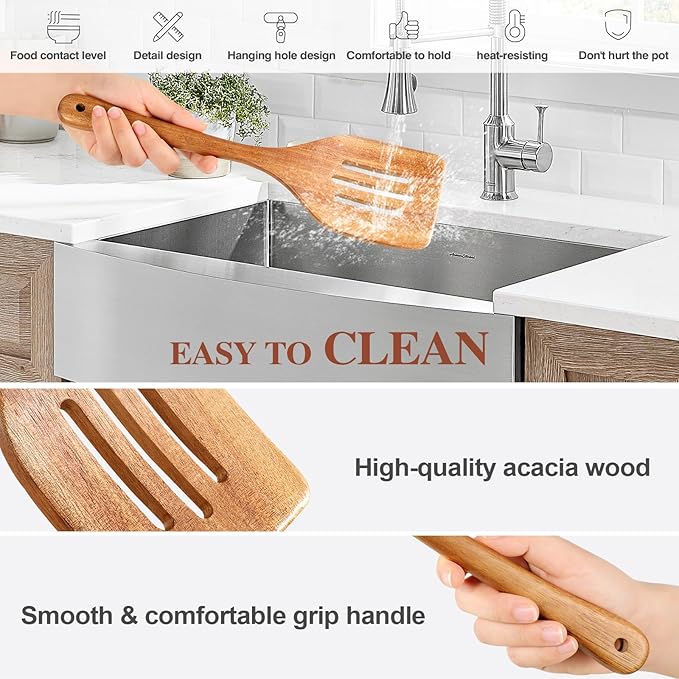 Wooden Cooking Utensils, 6 Pieces Natural Acacia Wooden Spoons - Image 4