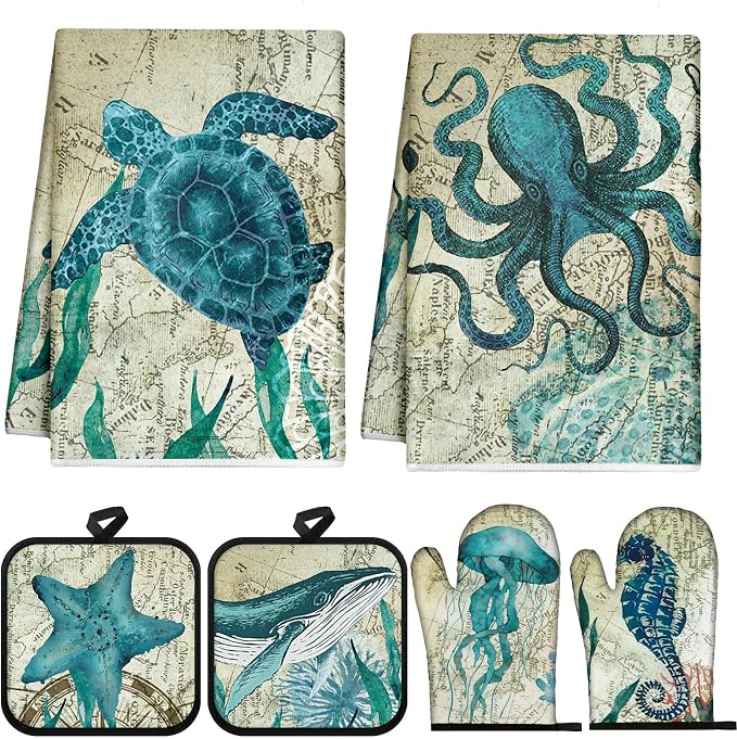 6 Pcs Sea Ocean Beach Kitchen Towels Pot Holders and Oven Mitts Set Coastal by Mindsoft