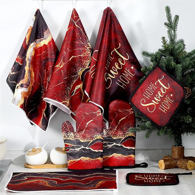 Leinuosen 8 Pcs Burgundy Marble Kitchen Towels and Dishcloths Sets Oven Mitts - Image 7