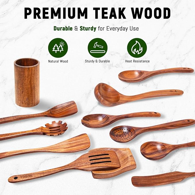 12 Piece Wooden Spoons for Cooking, Natural Teak Wooden Utensils Set, Handmade - Image 5