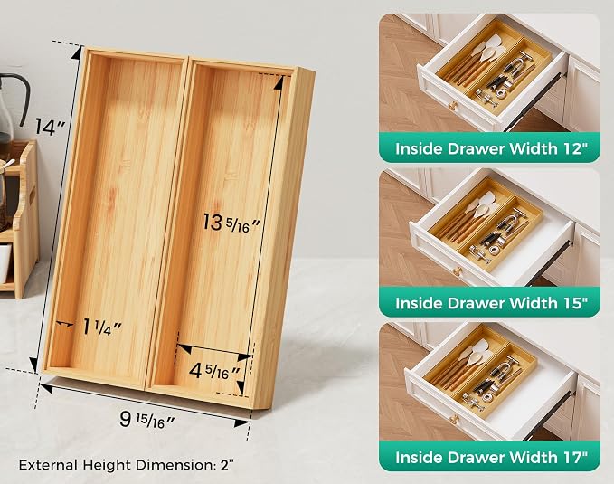 Bamboo Kitchen Drawer Organizer Boxes – 14" x 5" Stackable Wood Silverware - Image 2