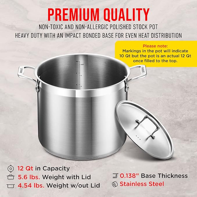 Stainless Steel Stockpot with Lid 12 Quart, Durable 18/8 Stainless Steel - Image 6