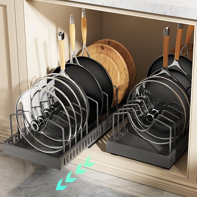 Pull Out Pots and Pans Organizer Under Cabinet, Expandable Sliding Lid Holder by Lozovincablemanagementtray