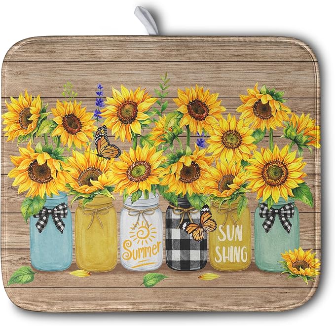 Sunflower Dish Drying Mat for Kitchen 16x18 Inch Counter Rustic Vintage Floral by Kwlegh
