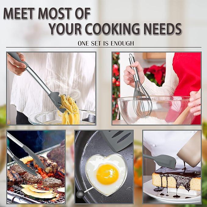 Silicone Cooking Utensils Set, E-far 14-Piece Gray Kitchen Utensils Set - Image 4