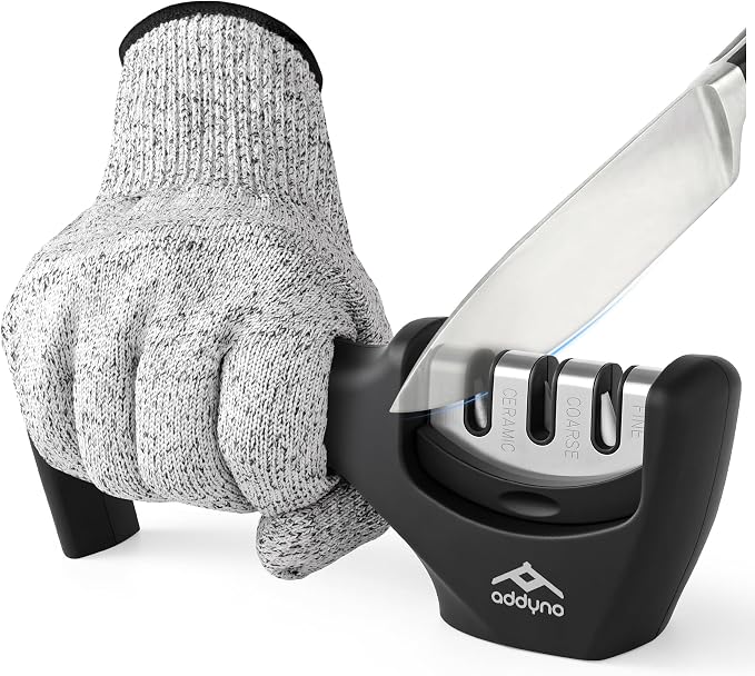Knife Sharpener with Angle Guide, Adjustable Edge, 3-Stage Coarse–Sharpen–Fine by Addyno