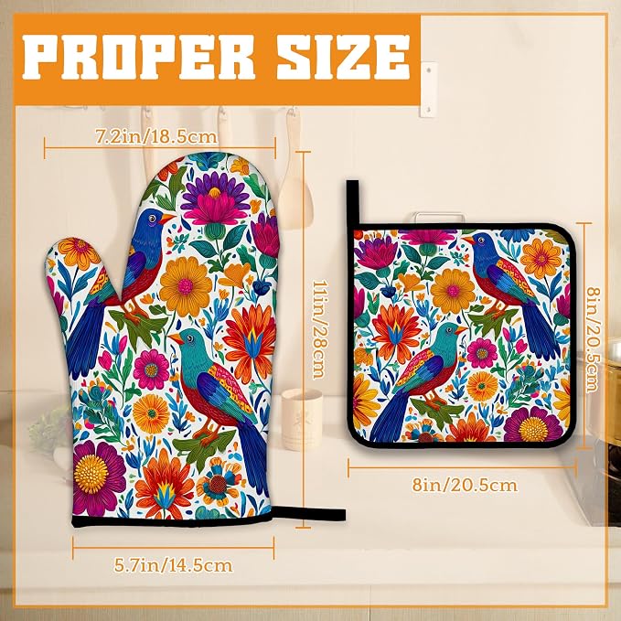 Colorful Bird Oven Mitts and Pot Holders, Flowers Mexican Style Heat Resistant - Image 2