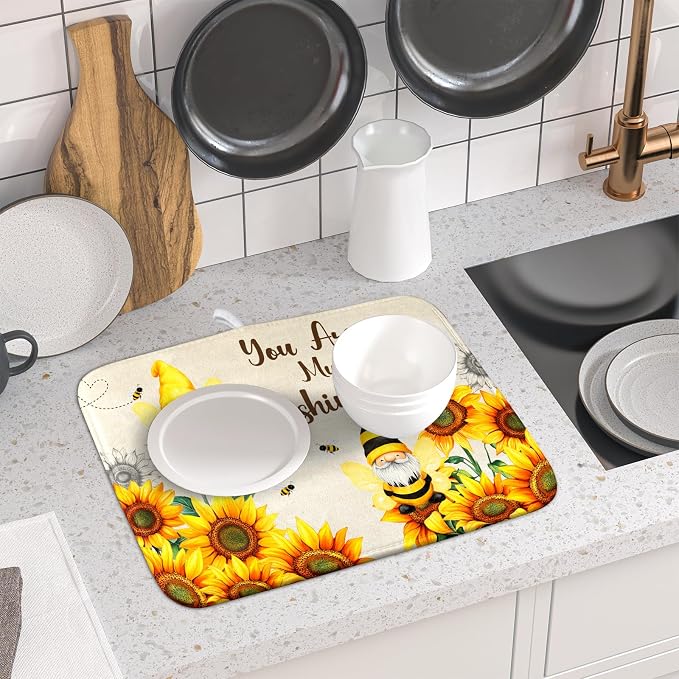 Giwawa Bee Gnomes Dish Drying Mat, Summer Sunflowers Elf Dish Drainer Mats - Image 6
