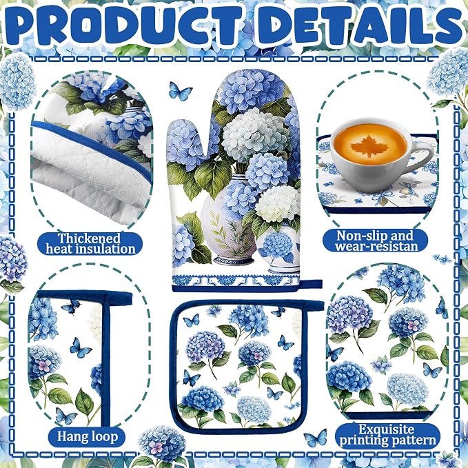 Fanfanwin 10 Pcs Chinoiserie Blue White Hydrangea Kitchen Decor Set Blue and - Image 4