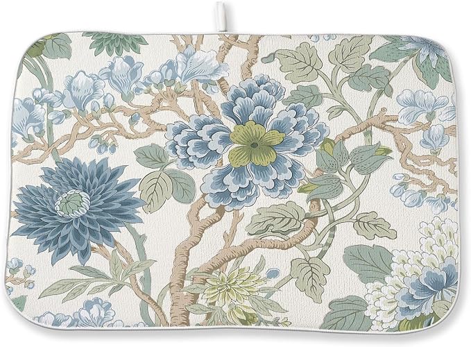 Chinoiserie Dish Drying Mat 18x24 Inch Vintage Sage Green Blue Floral Drying by DAFENA