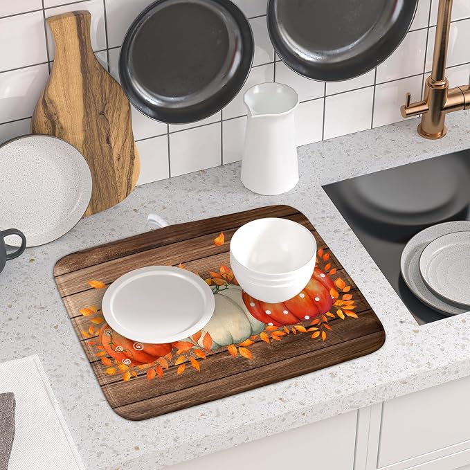 Autumn Pumpkin Dish Drying Mat Rustic Wood Dish Drainer Mats Fast Dry - Image 6