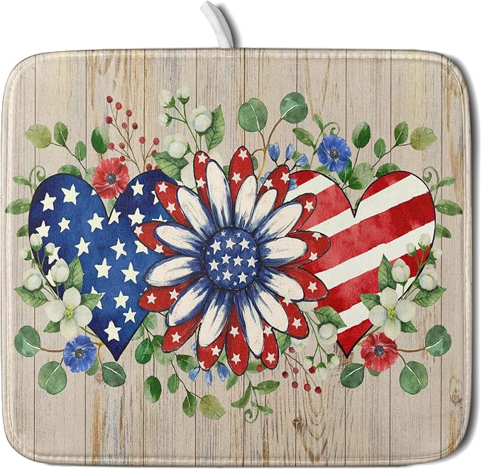 Independence Day Dish Drying Mat 16x18 inch Patriotic Love Heart Fast Dry by Giwawa