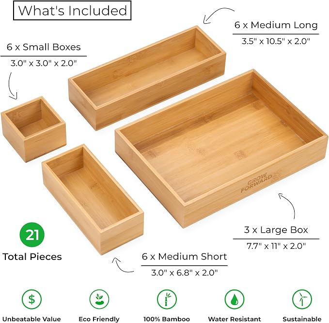 Grow Forward Bamboo Drawer Organizer Boxes - Image 3