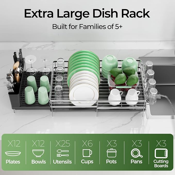 Large Dish Drying Rack, Expandable Dish Rack, Stainless Steel Anti-Rust Dish - Image 3