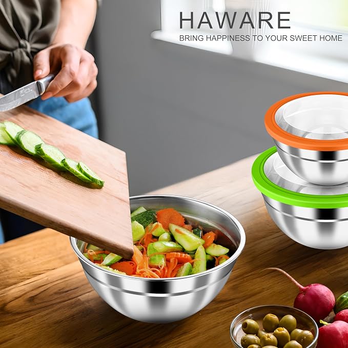 HaWare Mixing Bowls with Airtight Clear Lids, 6-Piece Stainless Steel Strong - Image 7