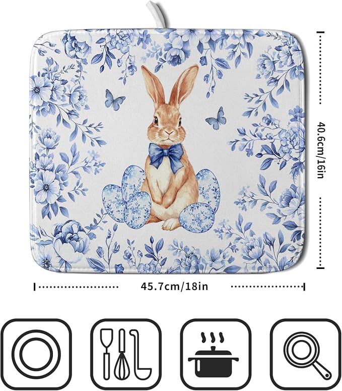 Vintage Microfiber Dish Drying Mat Blue Easter Floral Kitchen Drying Mats - Image 2