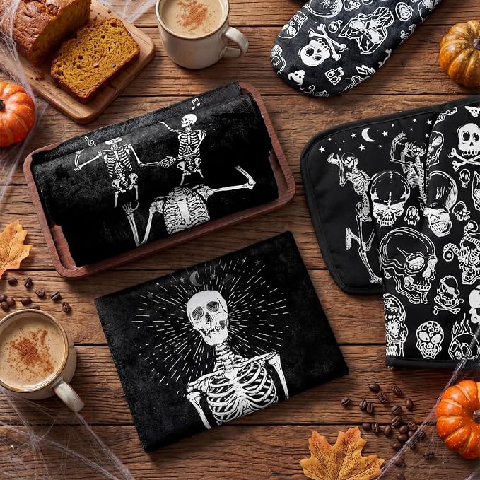 Leinuosen 6 Pcs Skull Kitchen Decor Set, Skull Kitchen Towels Gothic Oven Mitts - Image 6