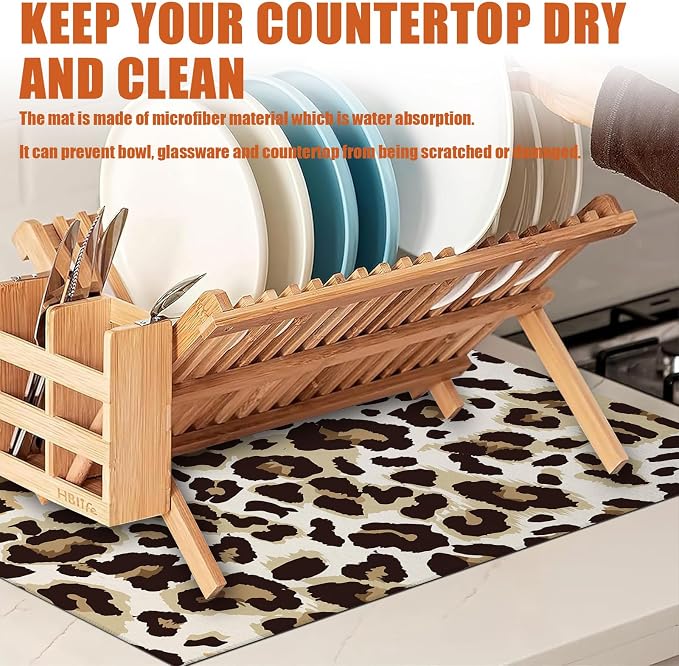 Brown Leopard Dish Drying Mat for Kitchen Counter Microfiber Absorbent Dish - Image 6