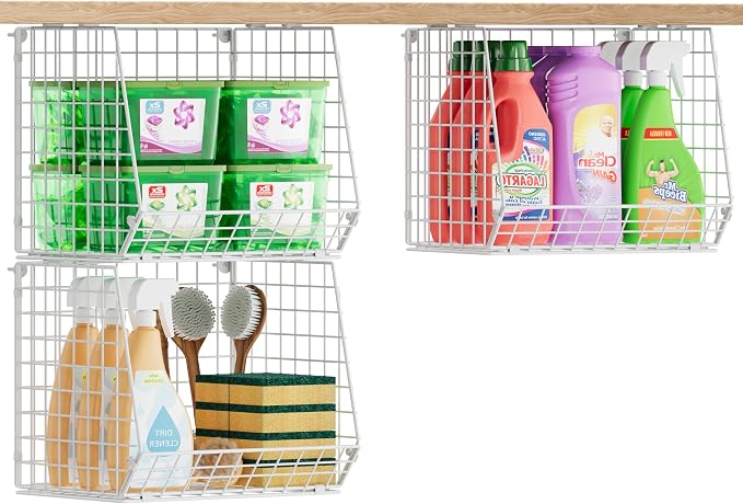 3 Pack Screw Mount Under The Wooden Shelf Laundry Room Organizer: Foldable Wire - Image 7
