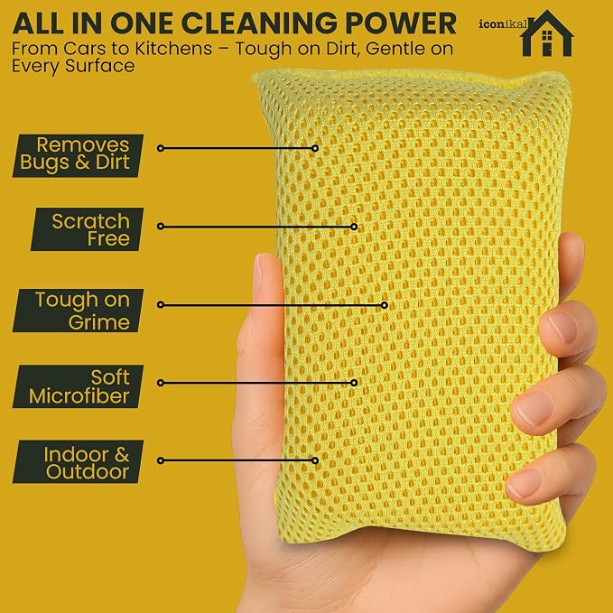Iconikal 6-Pack Bug Scrubber Sponge 5.9x3.5-Inch Yellow Microfiber Large Car - Image 3