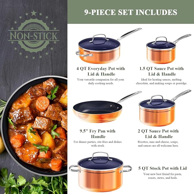 Nuwave 9pc Cookware Set Healthy Duralon Blue Ceramic Nonstick Coated, Diamond - Image 2