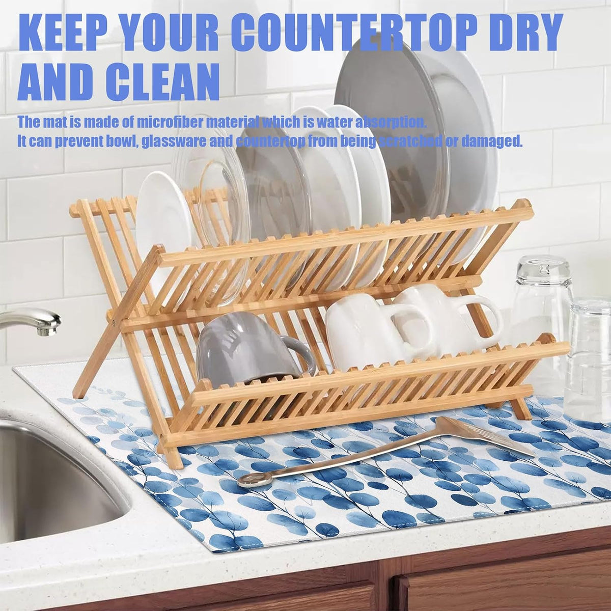 Blue Eucalyptus Leaves Dish Drying Mat for Kitchen Counter Drying Pad