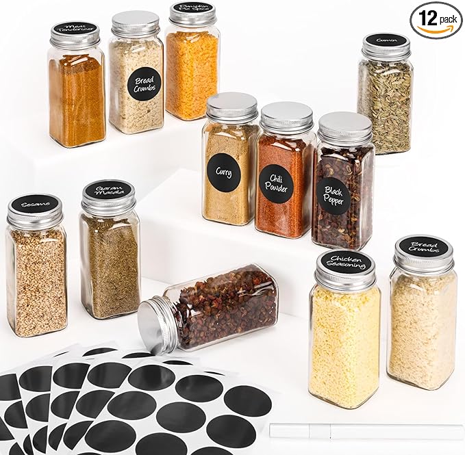 12Pcs Spice Jars with Label, 4oz Empty Square Seasoning Containers, Spice Jars by DIDITIME