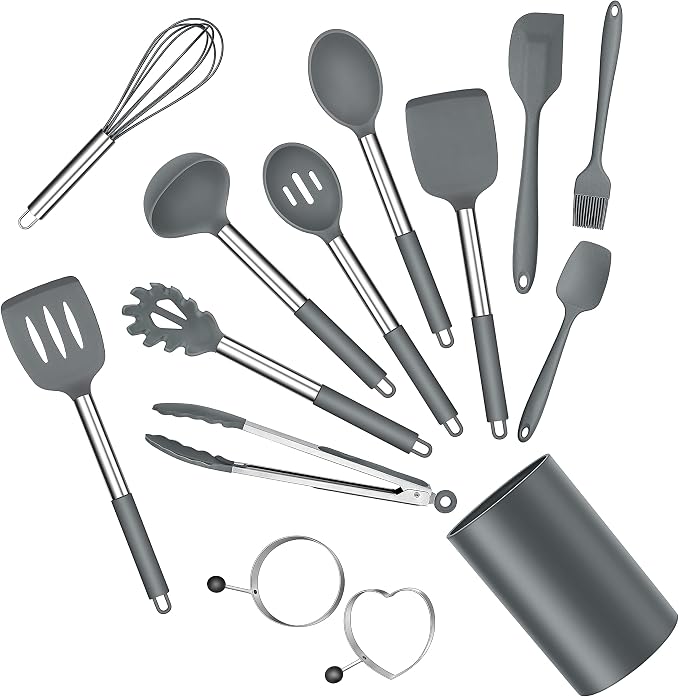 Silicone Cooking Utensils Set, E-far 14-Piece Gray Kitchen Utensils Set by E-far
