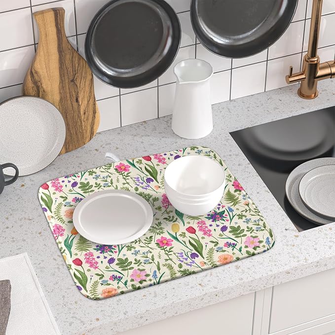 Spring Floral Dish Drying Mat for Kitchen Counter 16x18 Pink Sage Green Flower - Image 6