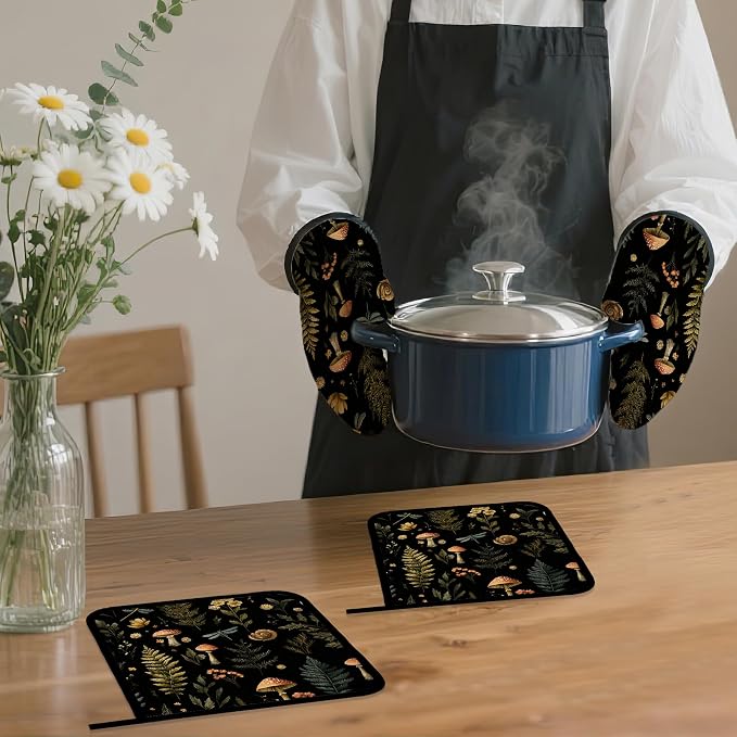 Mushroom Forest Plant Oven Mitts and Pot Holders, Dragonfly Heat Resistant Oven - Image 7