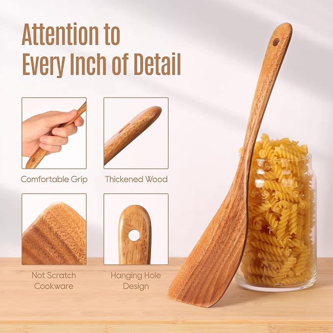 5 PCS Wooden Spoons for Cooking Natural Teak Kitchen Utensils Set Smooth - Image 3