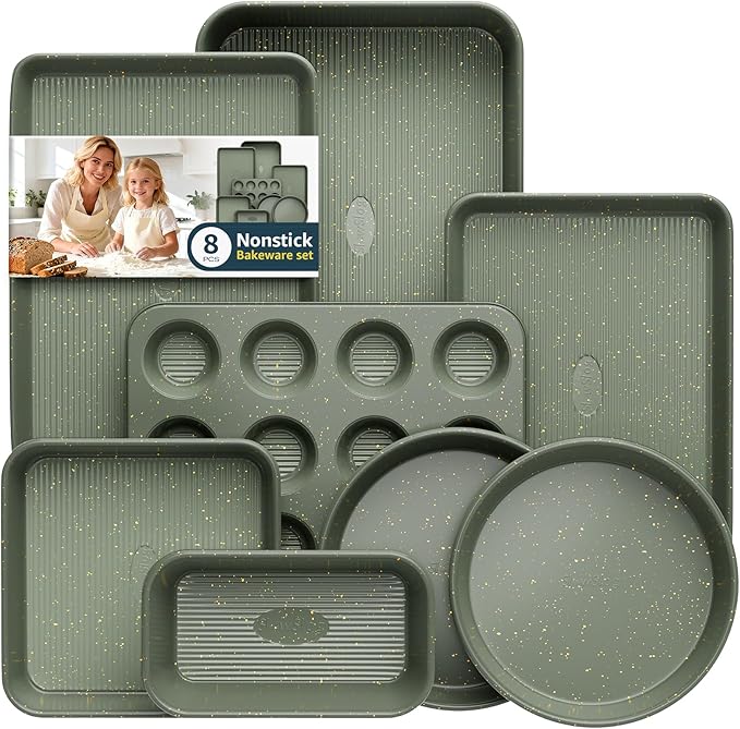 8-Piece Nonstick Bakeware Set, Stackable Oven Pan Set Includes Baking Sheet by SlowSLog