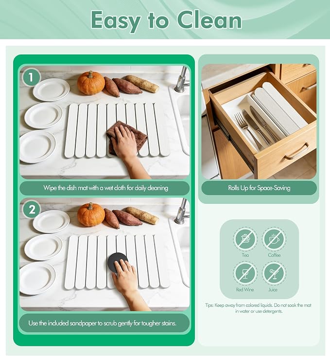 Large Stone Dish Drying Mat for Kitchen Counter, Quick Dry Diatomaceous Earth - Image 5