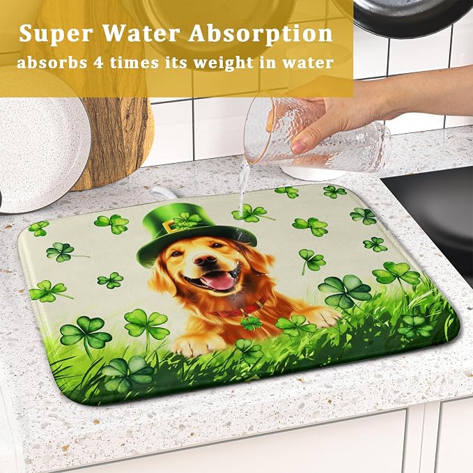 St Patrick's Day Dog Dish Drying Mat 16x18 inch Green Shamrock Dishes Pad - Image 7