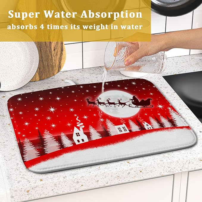 Christmas Reindeer Moon Star Red Dish Drying Mat - Image 7