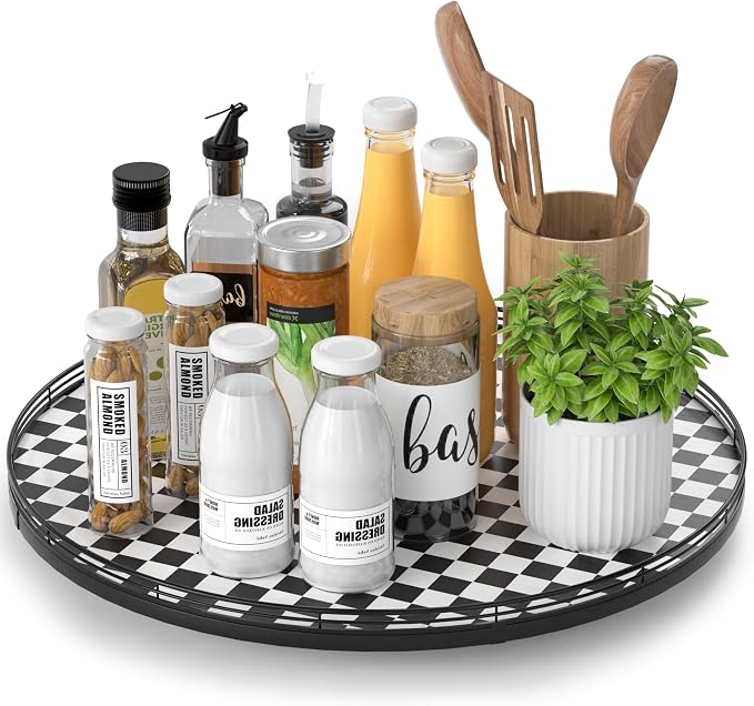 18" Black and White Kitchen Lazy Susan Turntable, Round Checkered Decorative by AMH