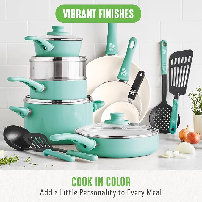 GreenLife Soft Grip Healthy Ceramic Nonstick, 15 Piece Cookware Pots and Pans - Image 5