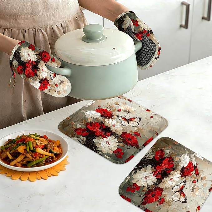 Oven Mitts and Pot Holders White Red Flower Silicone Kitchen Accessories Set of - Image 7