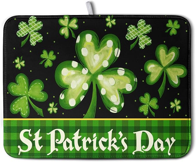 Happy St. Patrick's Day Kitchen Drying Mat Green Plaid Lucky Shamrock Clover by Kwlegh