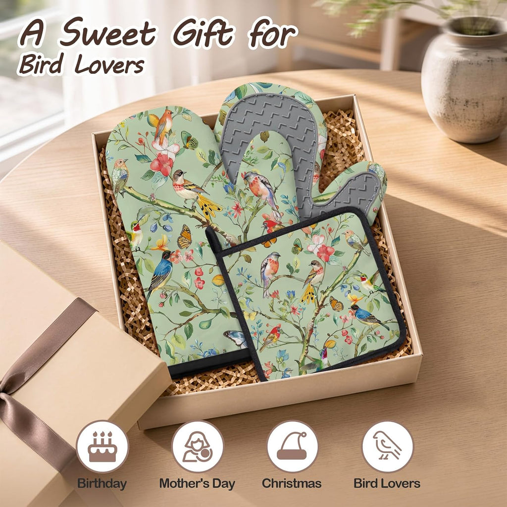 Bird Oven Mitts and Pot Holders Sets 3PCS, Floral Botanical Print