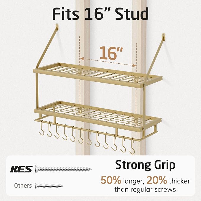 KES 30-Inch Gold Pot Rack Wall Mounted, 2-Tier Hanging Pot and Pan Organizer - Image 5