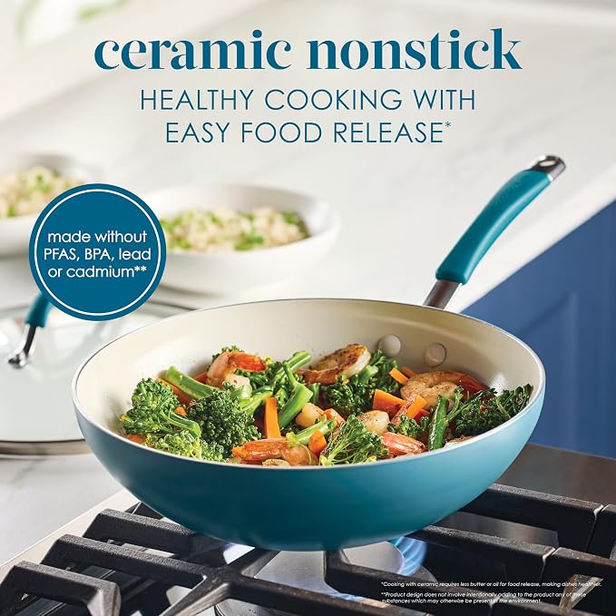 Rachael Ray Cucina Ceramic Nonstick Stir Fry Pan and Lid, 11 Inch Non Stick Wok - Image 3
